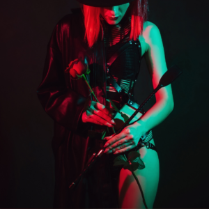 Bild zeigt eine Domina in grün rotem Licht. In der einen Hand hält sie eine Peitsche, in der anderen eine Rose.