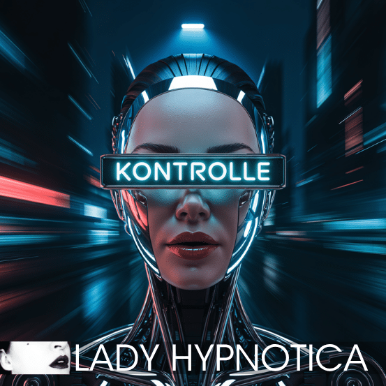 Cyberfuturistisches Porträt einer Frau als Hypnose-Roboterin mit leuchtendem Visor „KONTROLLE“, Symbolbild für das erotische Hypnose Hörbuch „System 001: Kontrolle“ von Lady Hypnotica